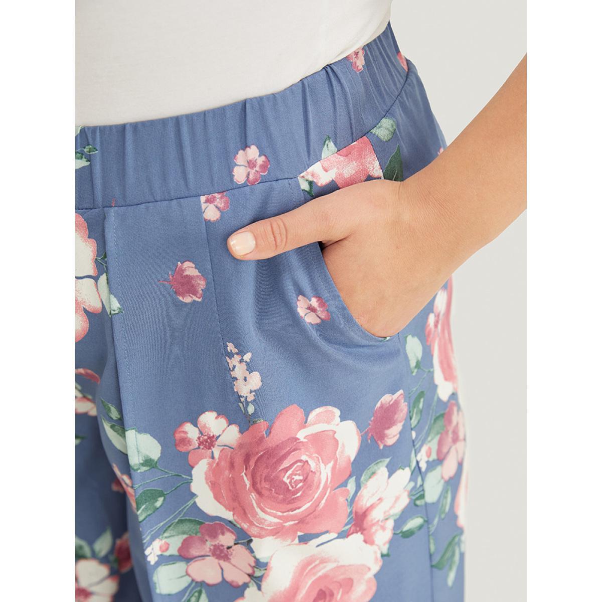 Plus Size Floral Print Pocket Split Wide Leg Pants Women Blue Elegant Mid Rise Dailywear Pants BloomChic 28/5X Product Image