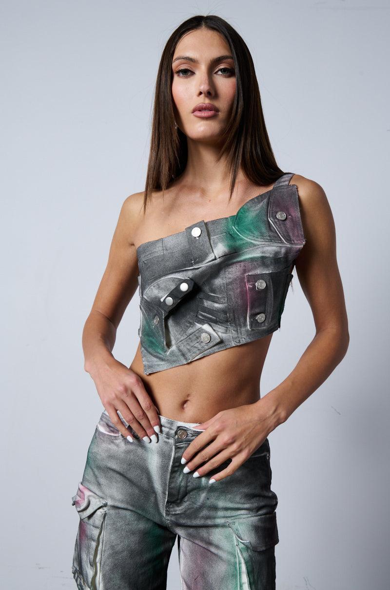 NOT YOURS BRALETTE DETAIL LAYERED PAINTED BUTTON DOWN BLOUSE Product Image