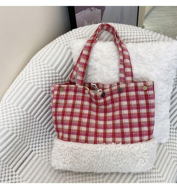 Plaid Fleece Panel Tote Bag Product Image