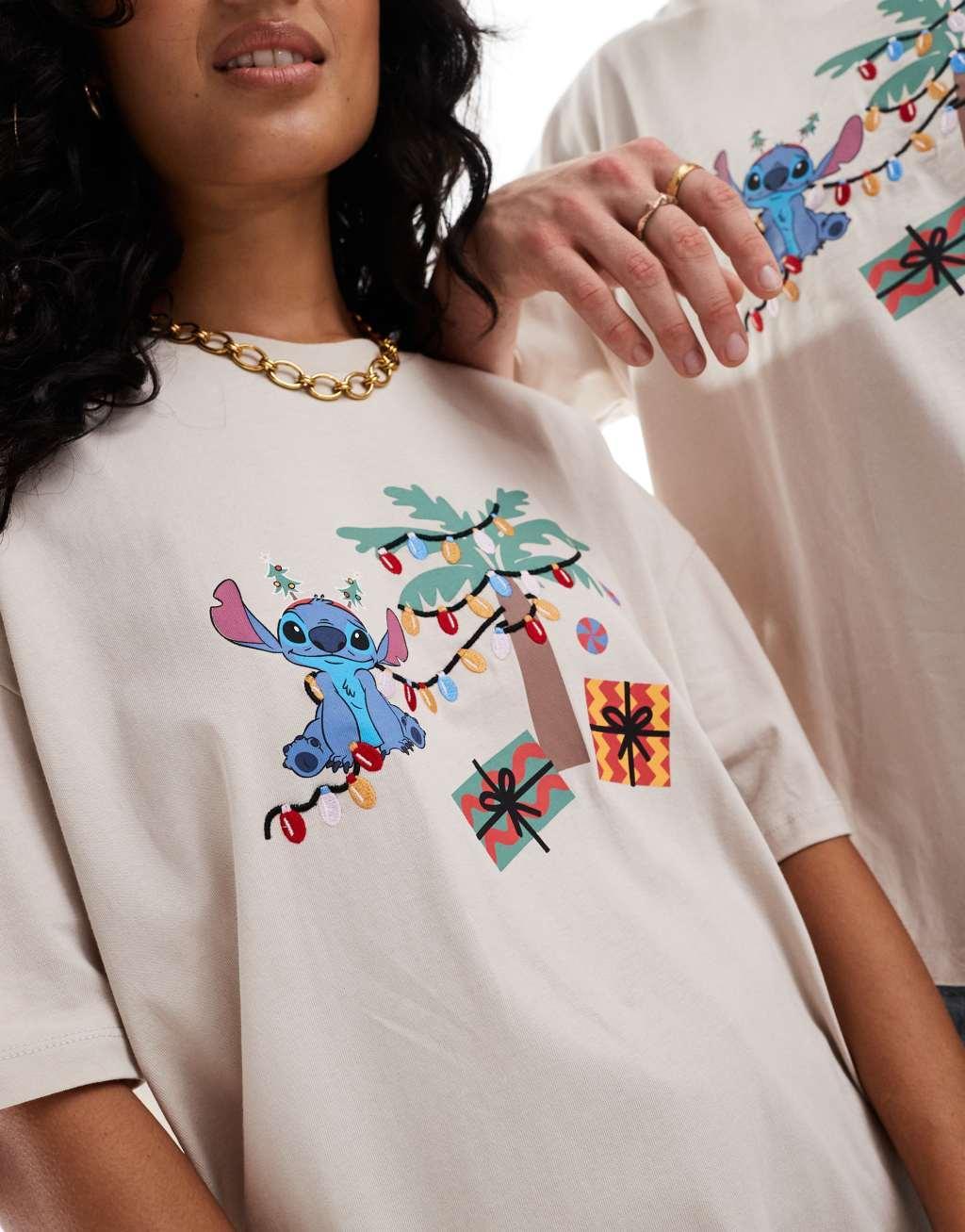 ASOS DESIGN Disney Christmas oversized t-shirt with Stitch prints in neutral Product Image