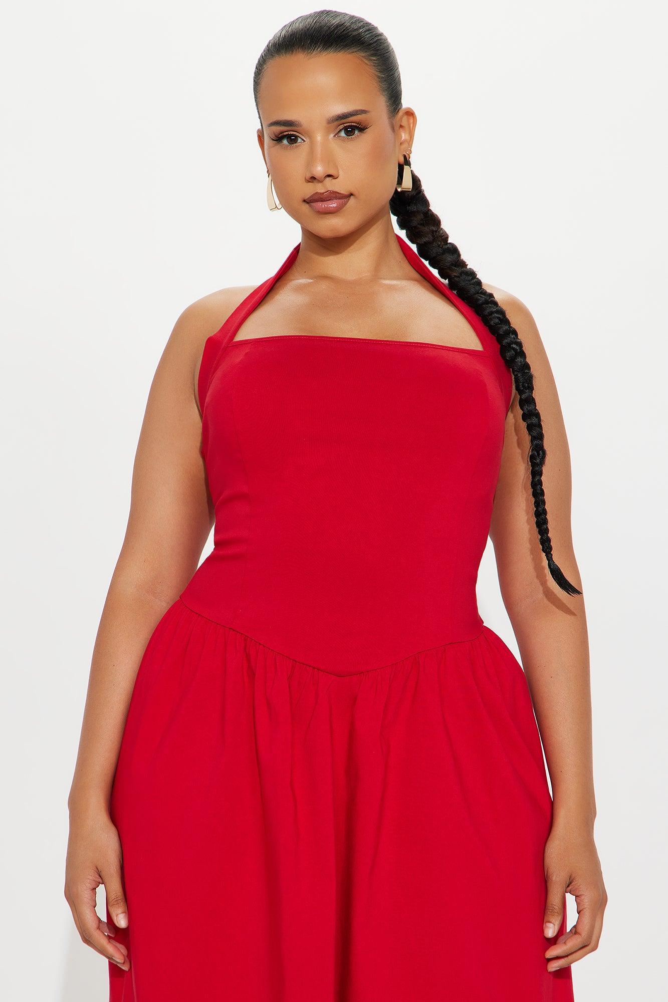 Phoebe Halter Midi Dress - Red Product Image