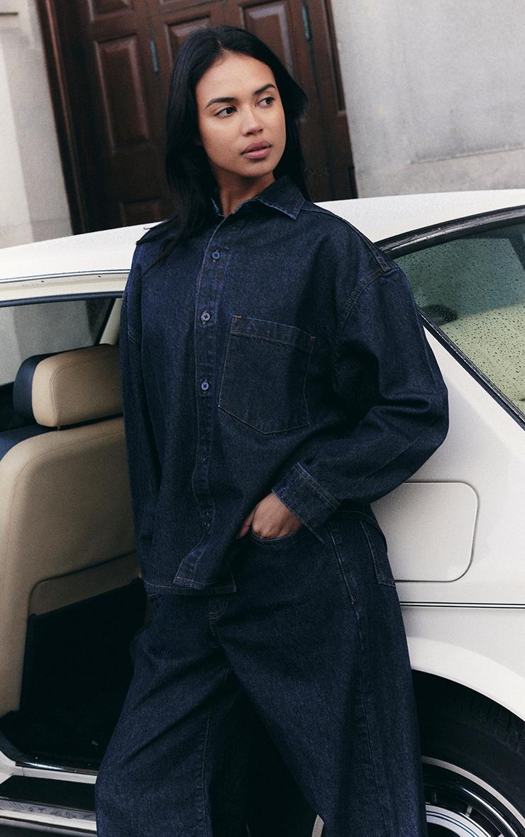  Dark Indigo Dip Hem Button Up Denim Shirt Product Image