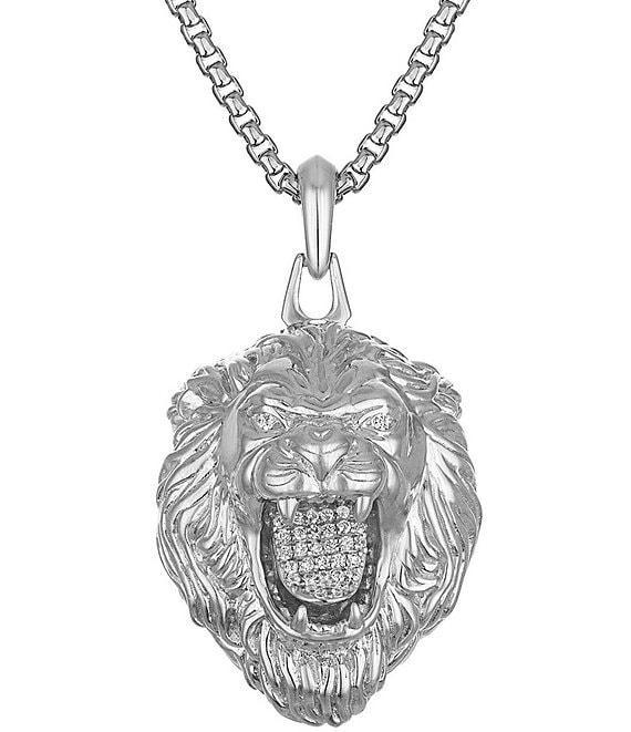 Bulova Men's Three-Dimensional Lion Head with Diamonds Stainless Steel Long Pendant Necklace Product Image