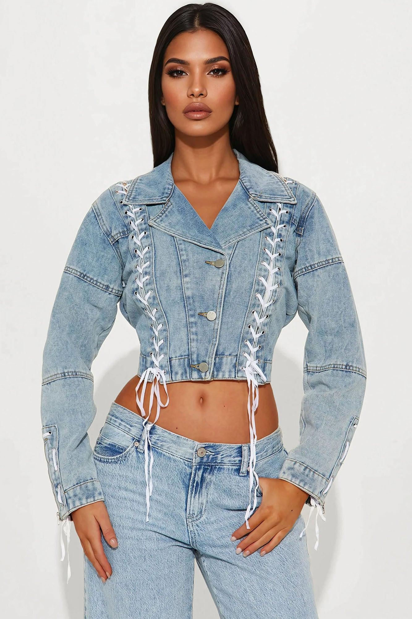 Mya Lace Up Denim Moto Jacket - Light Wash Product Image