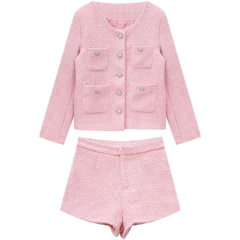 Tweed Button-Up Jacket / High Waist Shorts Product Image
