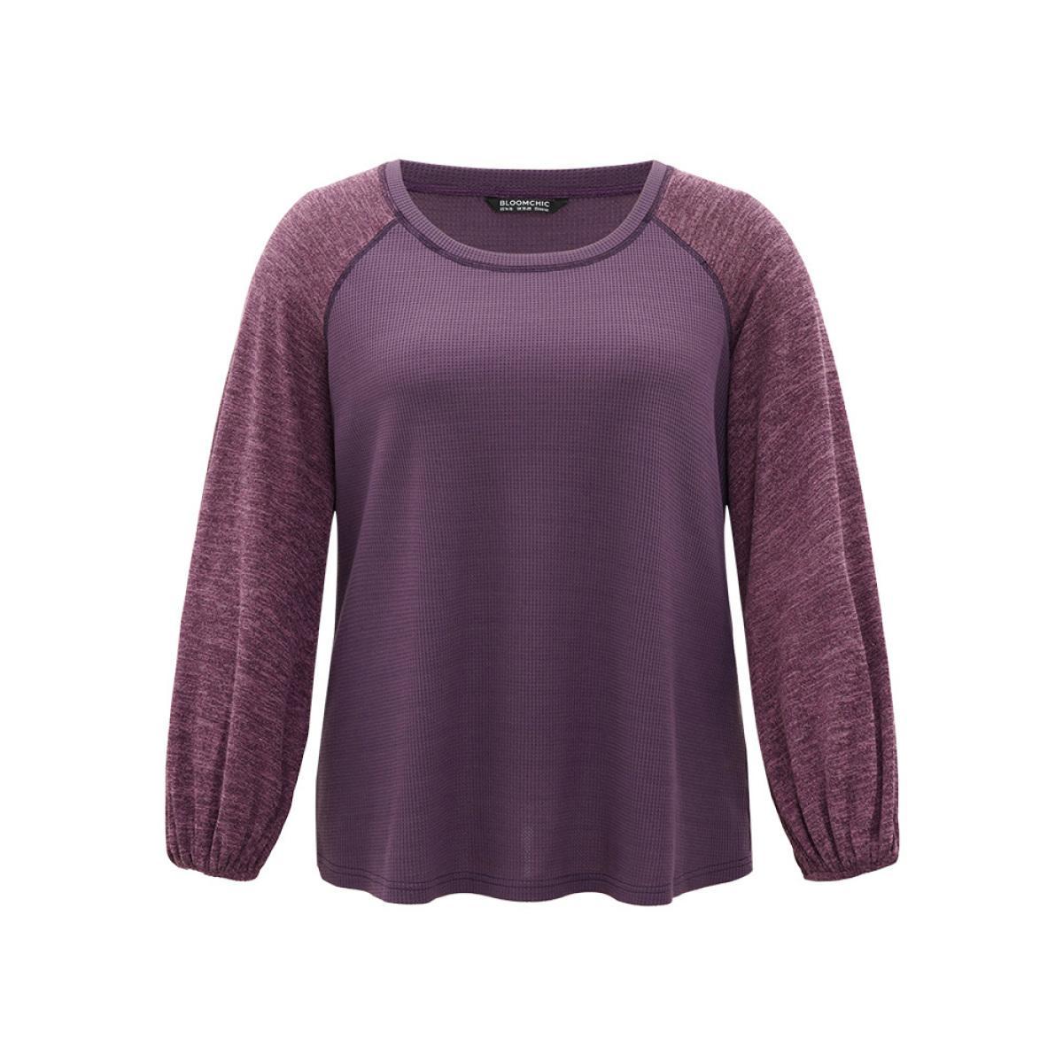 Plus Size Contrast Patchwork Heather Lantern Sleeve Sweatshirt Women Purple Casual Patchwork Round Neck Dailywear Sweatshirts BloomChic 12/L Product Image