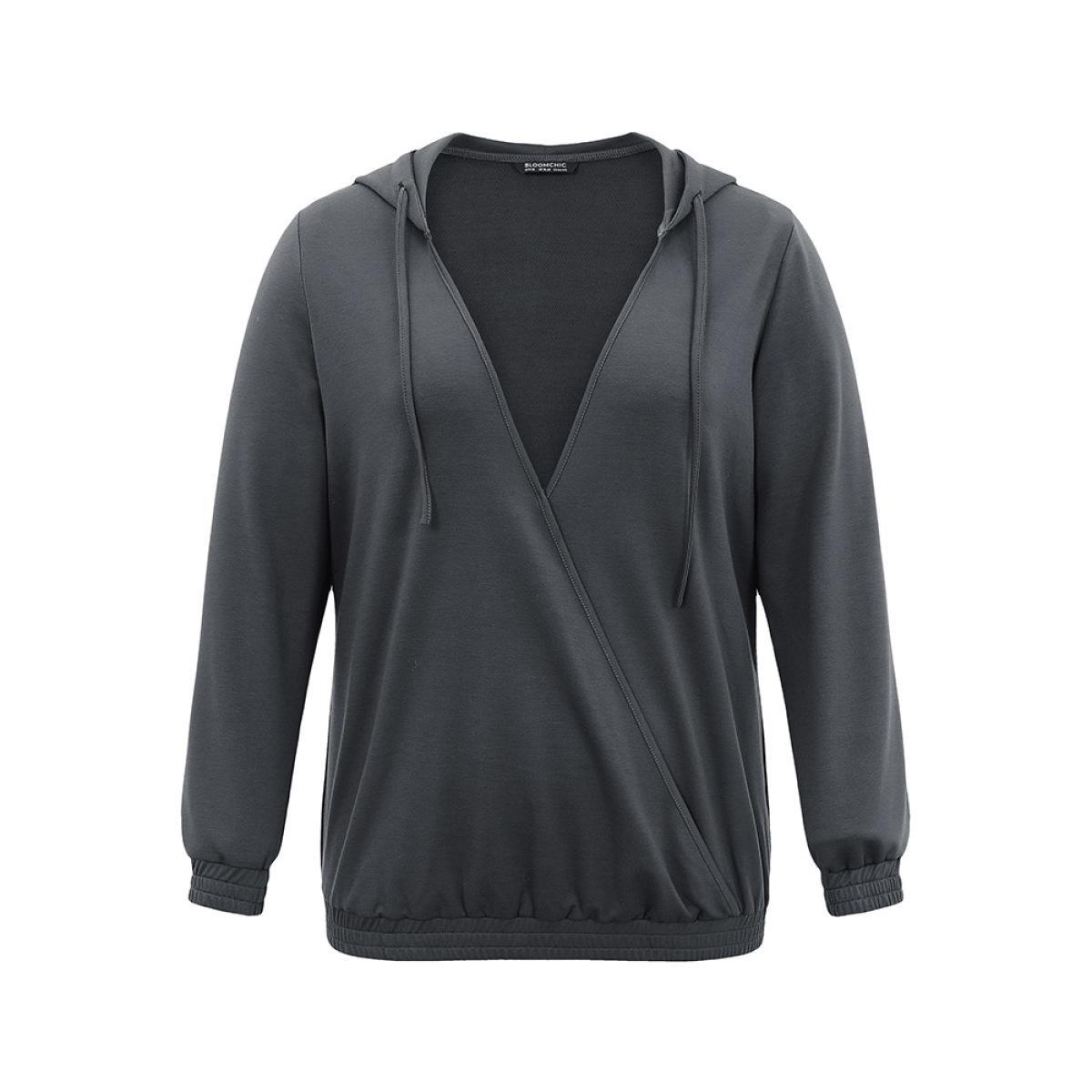 Plus Size Deep V Neck Hooded Drawstring Sweatshirt Women DimGray Casual Plain Hooded Dailywear Sweatshirts BloomChic 18-20/2X Product Image