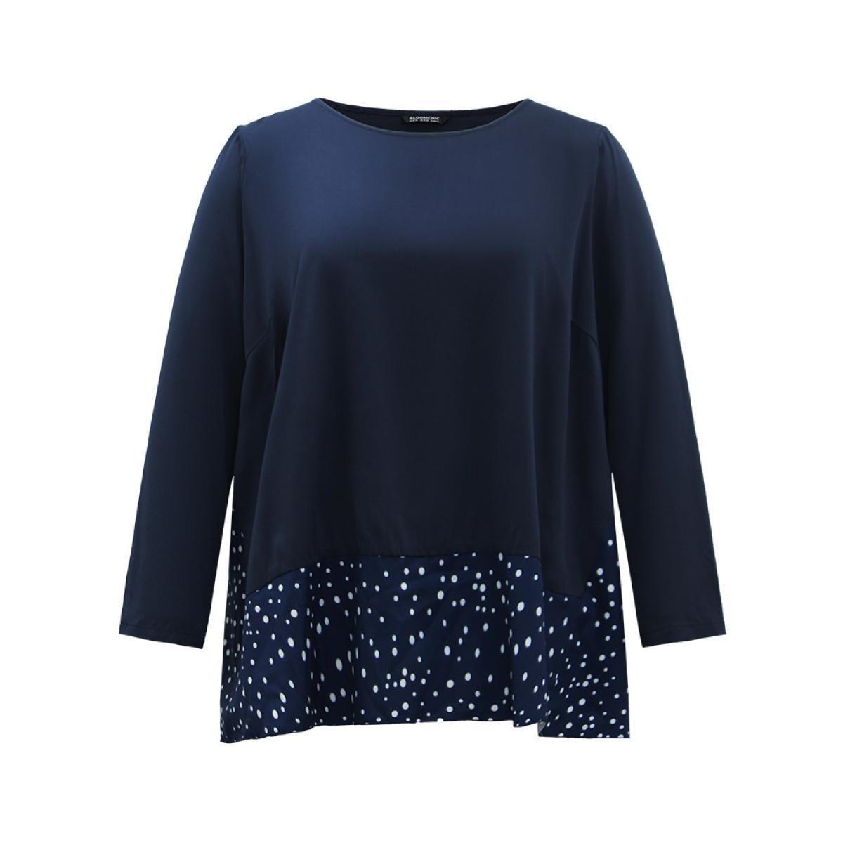 Plus Size Indigo Polka Dot Patchwork Long Sleeve Blouse Women Office Long Sleeve Round Neck Work Blouses BloomChic 14-16/1X Product Image