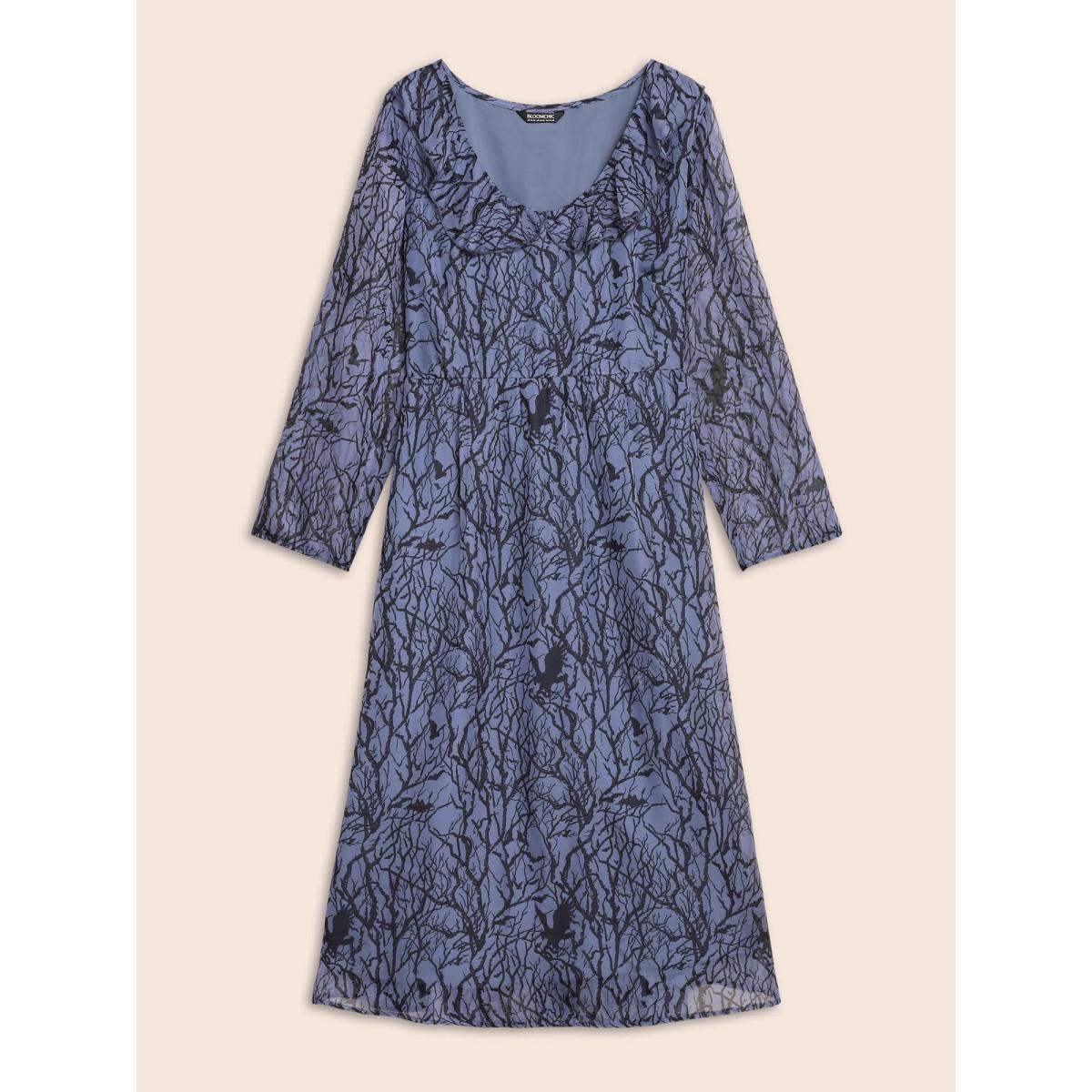 Plus Size Twilight Vines And Ruffle Neckline Midi Dress DimGray Women Cocktail See through Party Curvy Bloomchic 18-20/2X Product Image