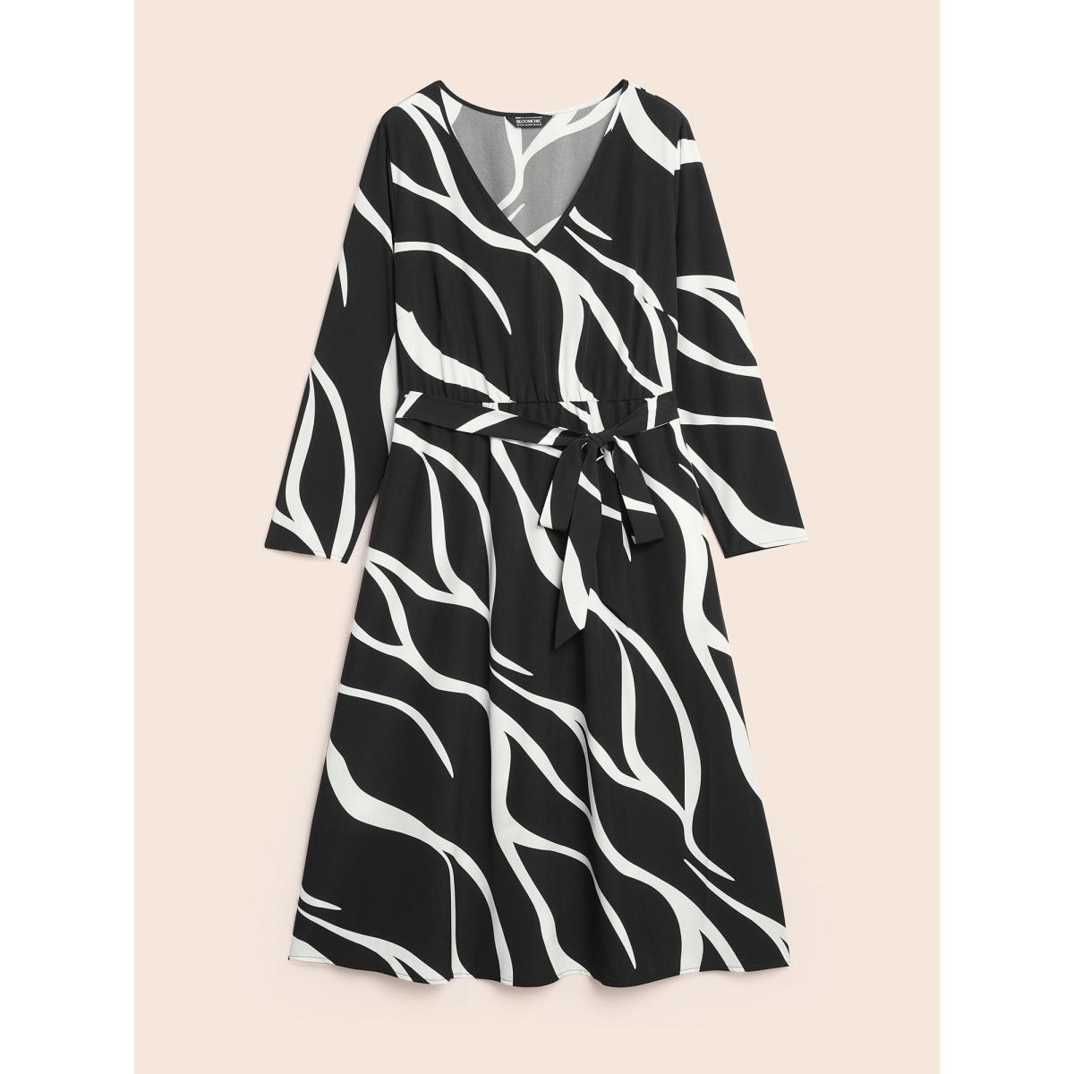 Plus Size V Neck Geometric Belted Dress Black Women At the Office Belted V-neck Long Sleeve Curvy BloomChic 28/5X Product Image