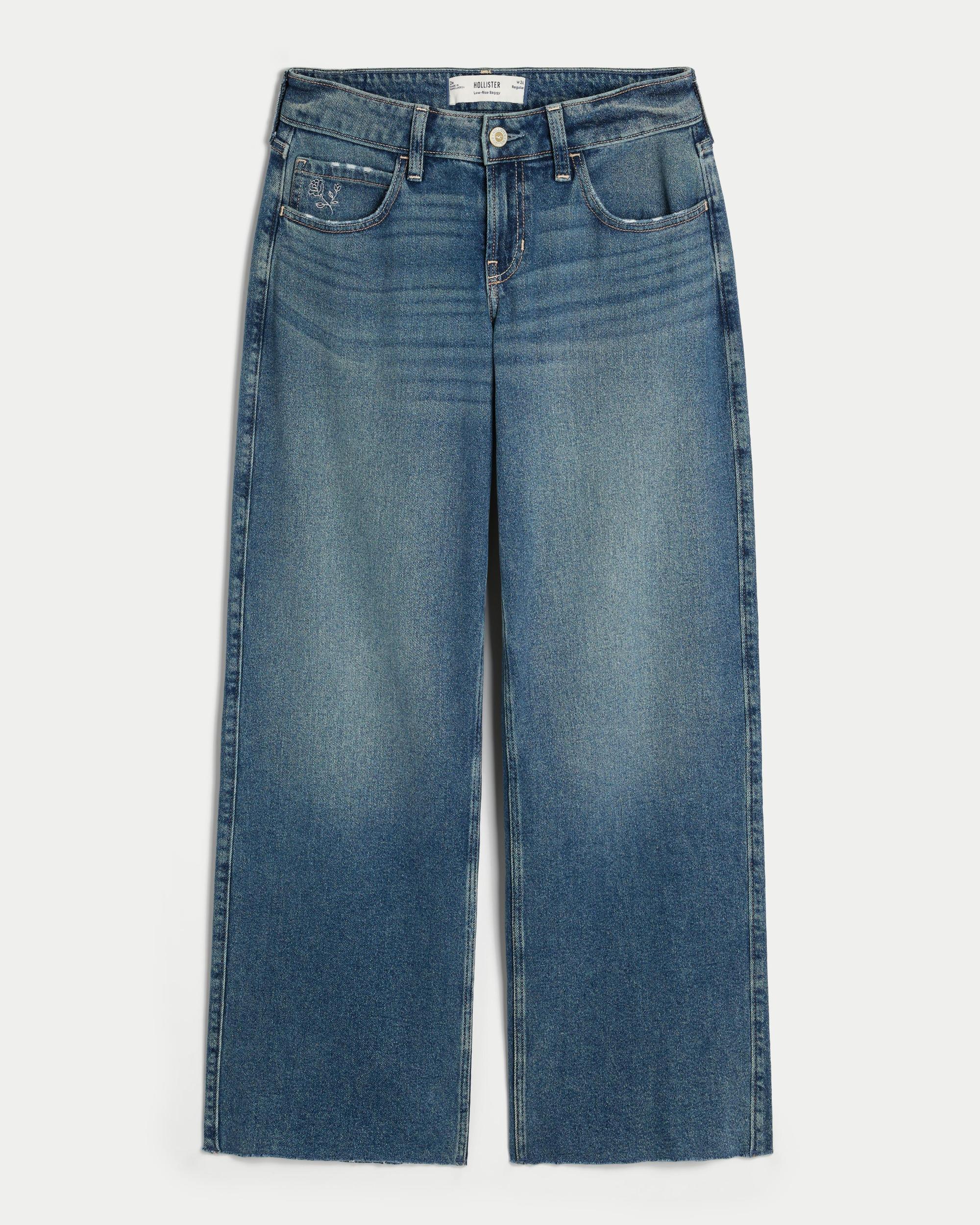 Low-Rise Medium Wash Embroidered Heart Baggy Jeans Product Image