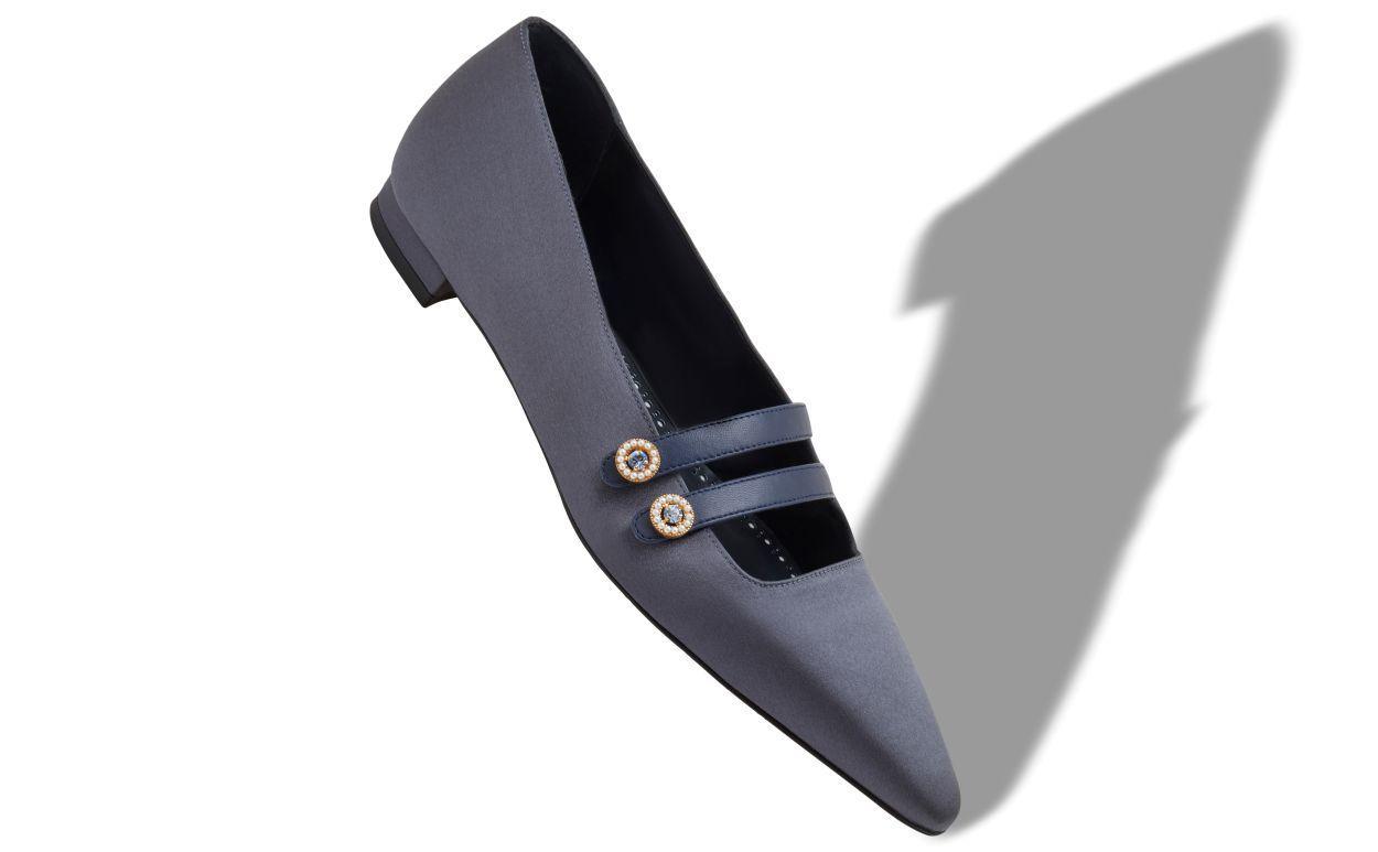 POLMANA Navy Blue Satin Embellished Flat Pumps Product Image