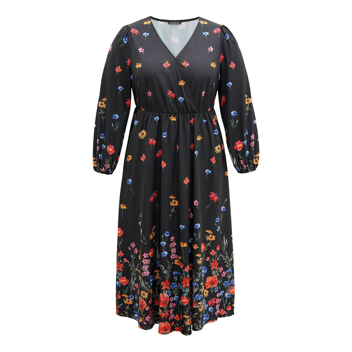 Plus Size Boho Print Overlap Collar Lantern Sleeve Dress Black Women Elegant Elastic cuffs Overlap Collar Long Sleeve Curvy Midi Dress BloomChic 26/4X Product Image