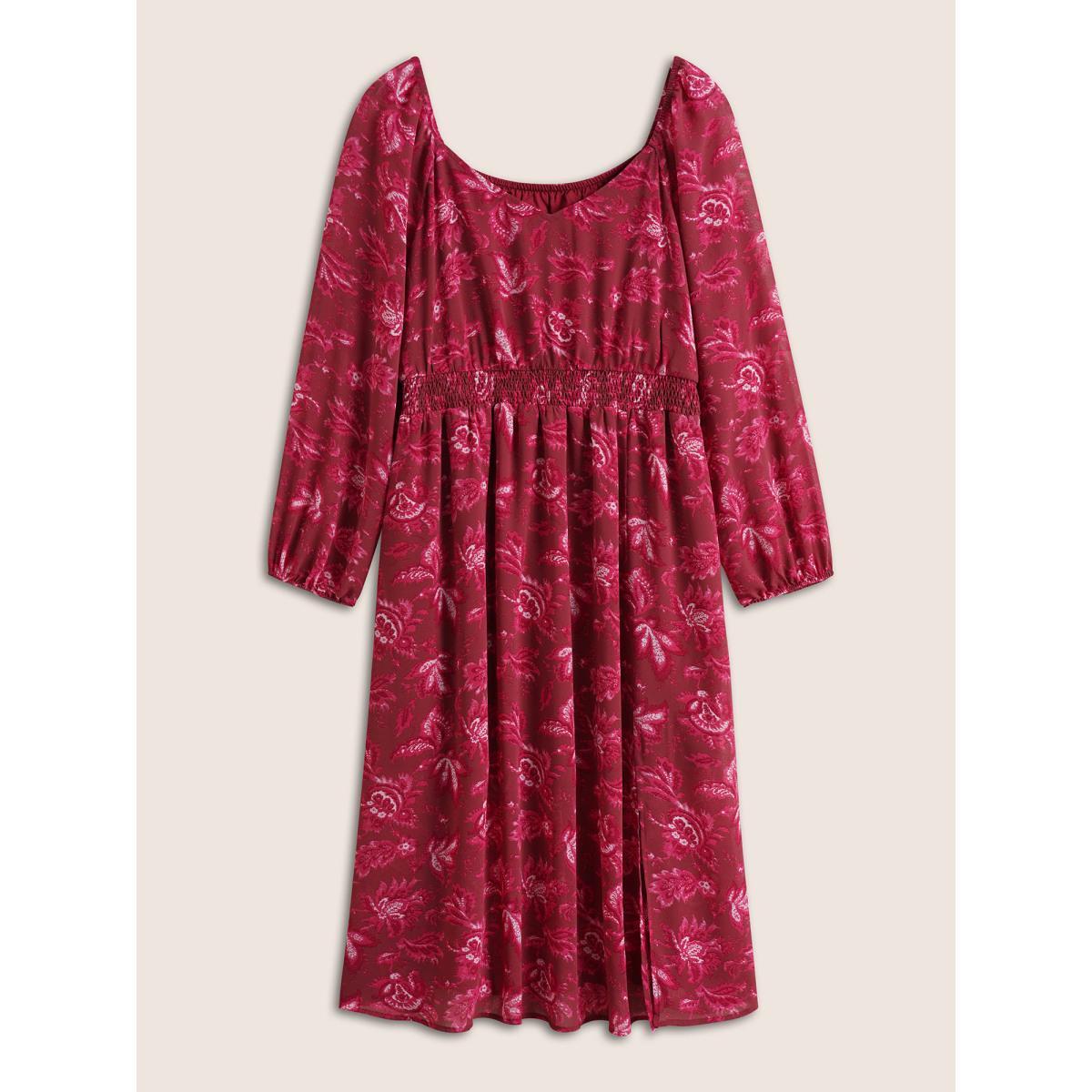 Plus Size Square Neck Floral Shirred Gathered Mesh Dress Russet Women Elegant See through Square Neck Long Sleeve Curvy Midi Dress BloomChic 28/5X Product Image