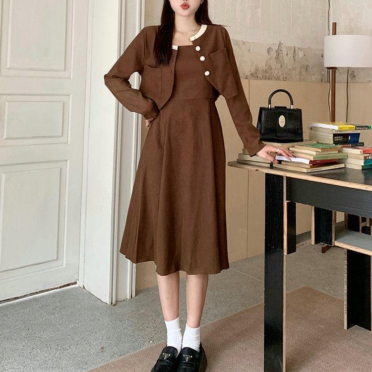 Set: Spaghetti Strap Plain Corduroy Midi A-Line Dress + Round Neck Contrast Trim Button Jacket Product Image