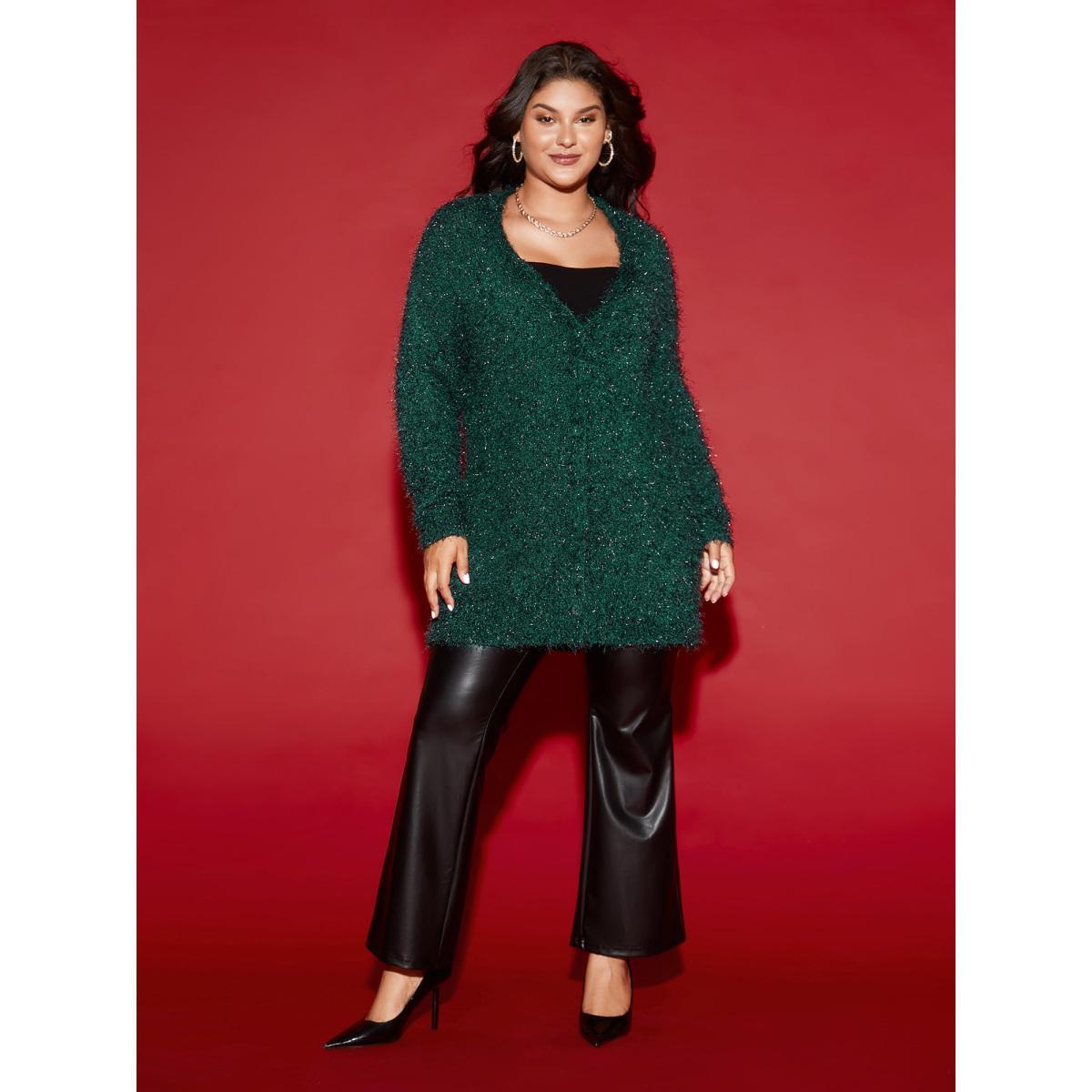 Plus Size Shimmery V-neck Button-Front Cardigan DarkGreen Women Cocktail Loose Long Sleeve Party Cardigans BloomChic 22-24/3X Product Image