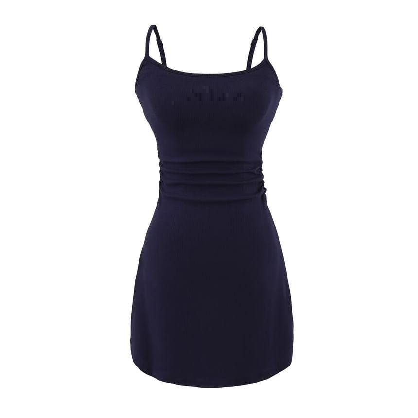 Spaghetti Strap Scoop Neck Plain Ruched Mini A-Line Dress Product Image