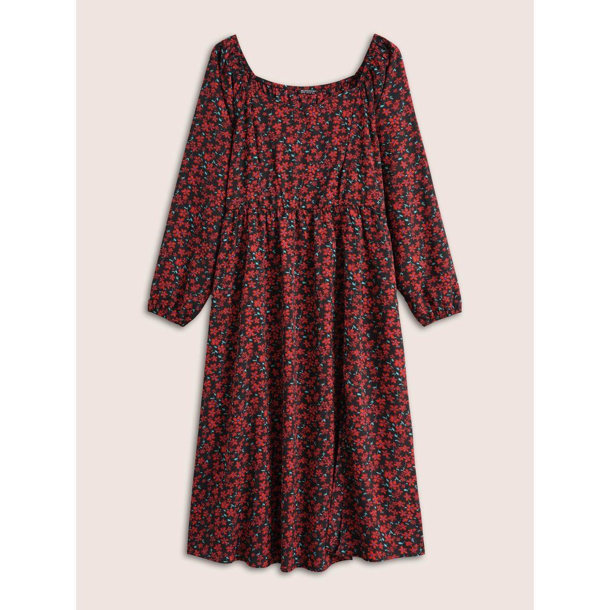 Plus Size Ditsy Floral Square Neck Split Side Dress Black Women Elegant Elastic cuffs Square Neck Long Sleeve Curvy Midi Dress BloomChic 26/4X Product Image