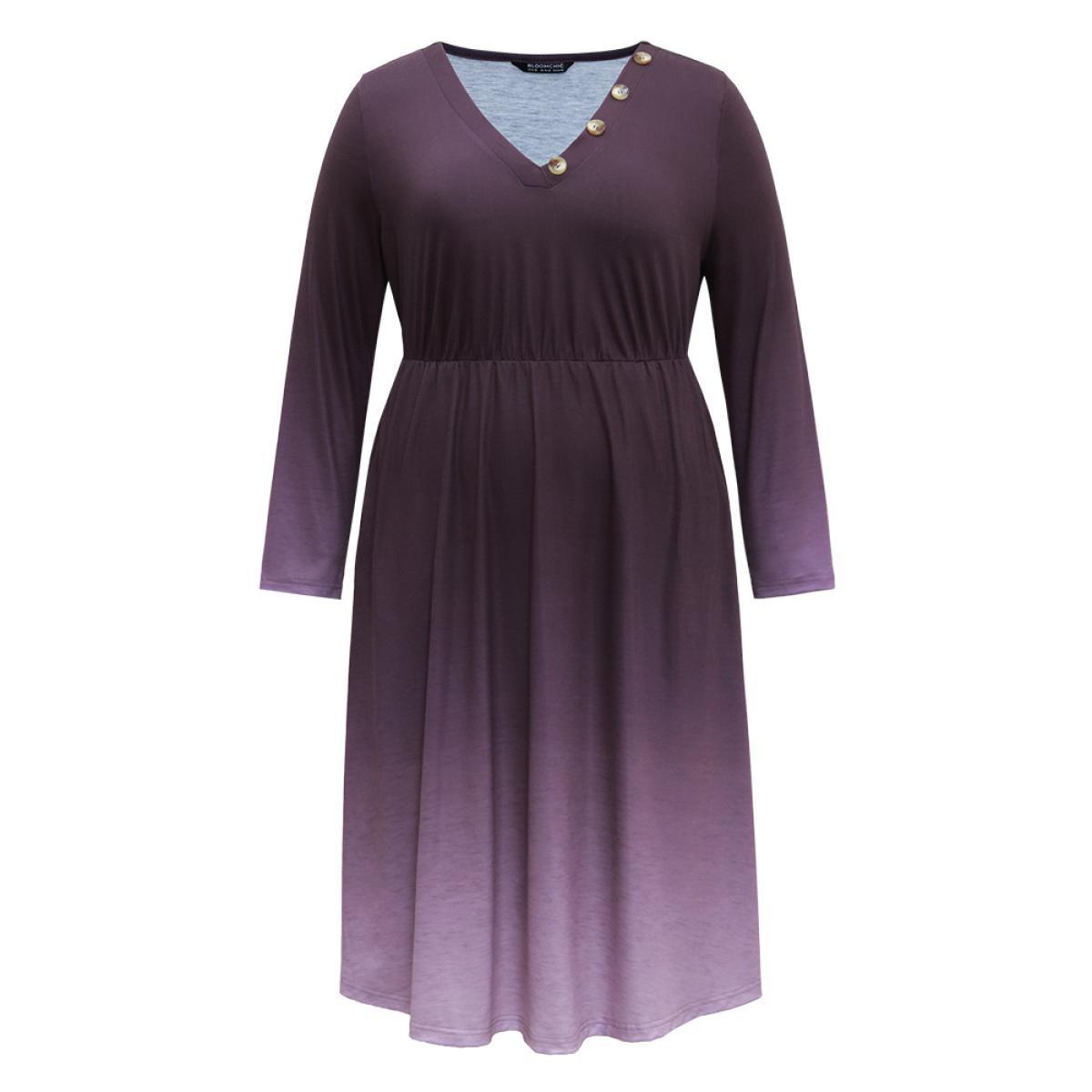 Plus Size Tie Dye Button Detail Pocket Elastic Waist Dress Purple Women Casual Tie Dye V-neck Long Sleeve Curvy Midi Dress BloomChic 18-20/2X Product Image