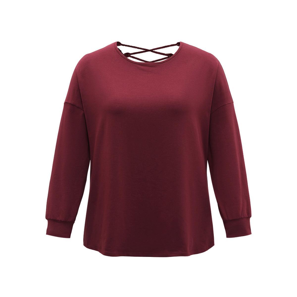 Plus Size Plain Guipure Lace Crisscross Cut Out Sweatshirt Women Burgundy Elegant Elastic cuffs Round Neck Dailywear Sweatshirts BloomChic 12/L Product Image
