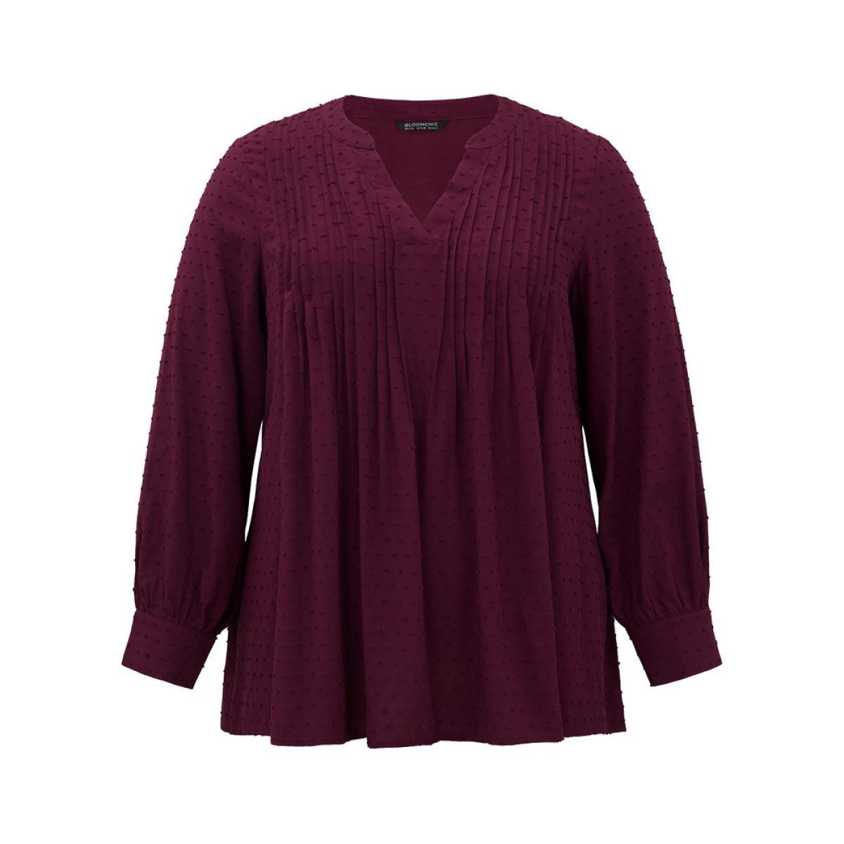 Plus Size Burgundy Plicated Detail Polka Dot Blouse Women Elegant Long Sleeve V-neck Dailywear Blouses BloomChic 30/6X Product Image