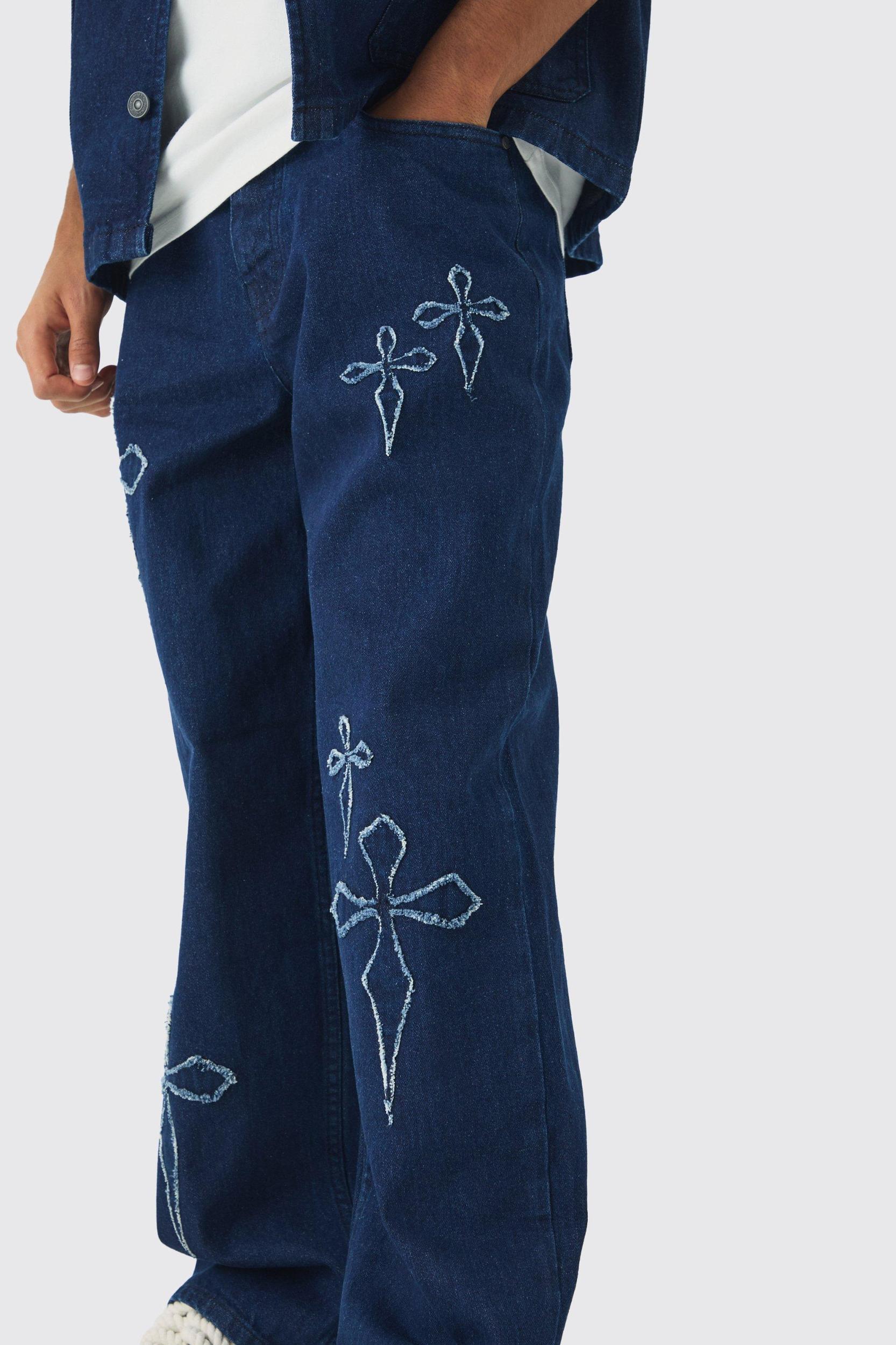 Baggy Fit Raw Edge Denim Cross Applique Jeans | boohooMAN USA Product Image