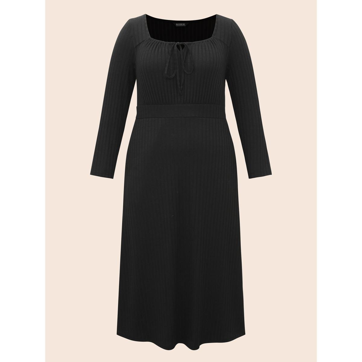 Plus Size Square Neck Rib Knit Drawstring Dress Black Women Elegant Texture Square Neck Long Sleeve Curvy BloomChic 26/4X Product Image