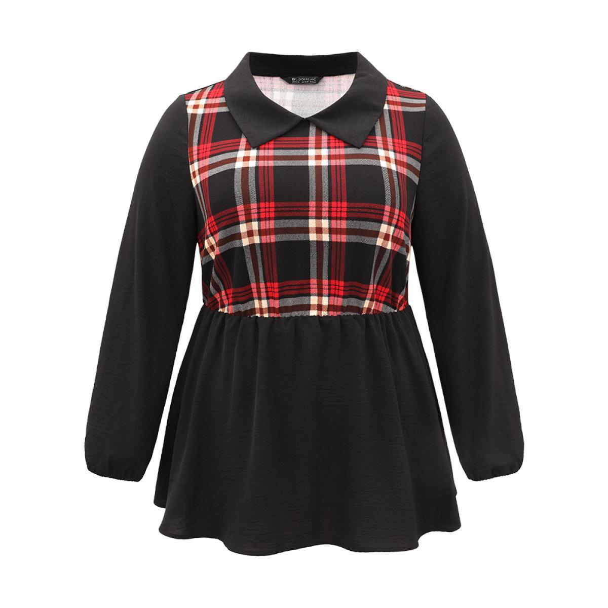 Plus Size Black Plaid Patchwork Lapel Collar Lantern Sleeve Blouse Women Office Long Sleeve Lapel Collar Work Blouses BloomChic 14-16/1X Product Image