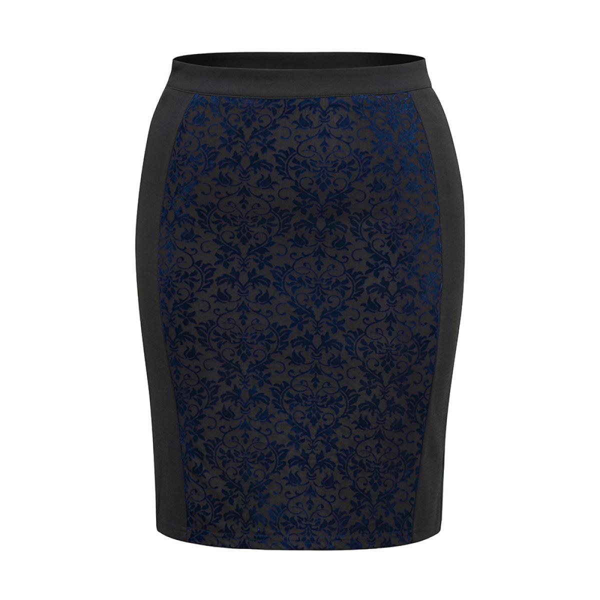Plus Size Silhouette Floral Print Contrast Flocking Skirt Women Black Elegant Velvet Bodycon Medium stretch Everyday Skirts BloomChic 26/4X Product Image