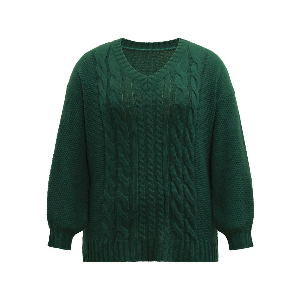 Plus Size Solid Cable Knit V Neck Elastic Cuffs Pullover DarkGreen Women Casual Loose Long Sleeve V-neck Everyday Pullovers BloomChic 10/M Product Image