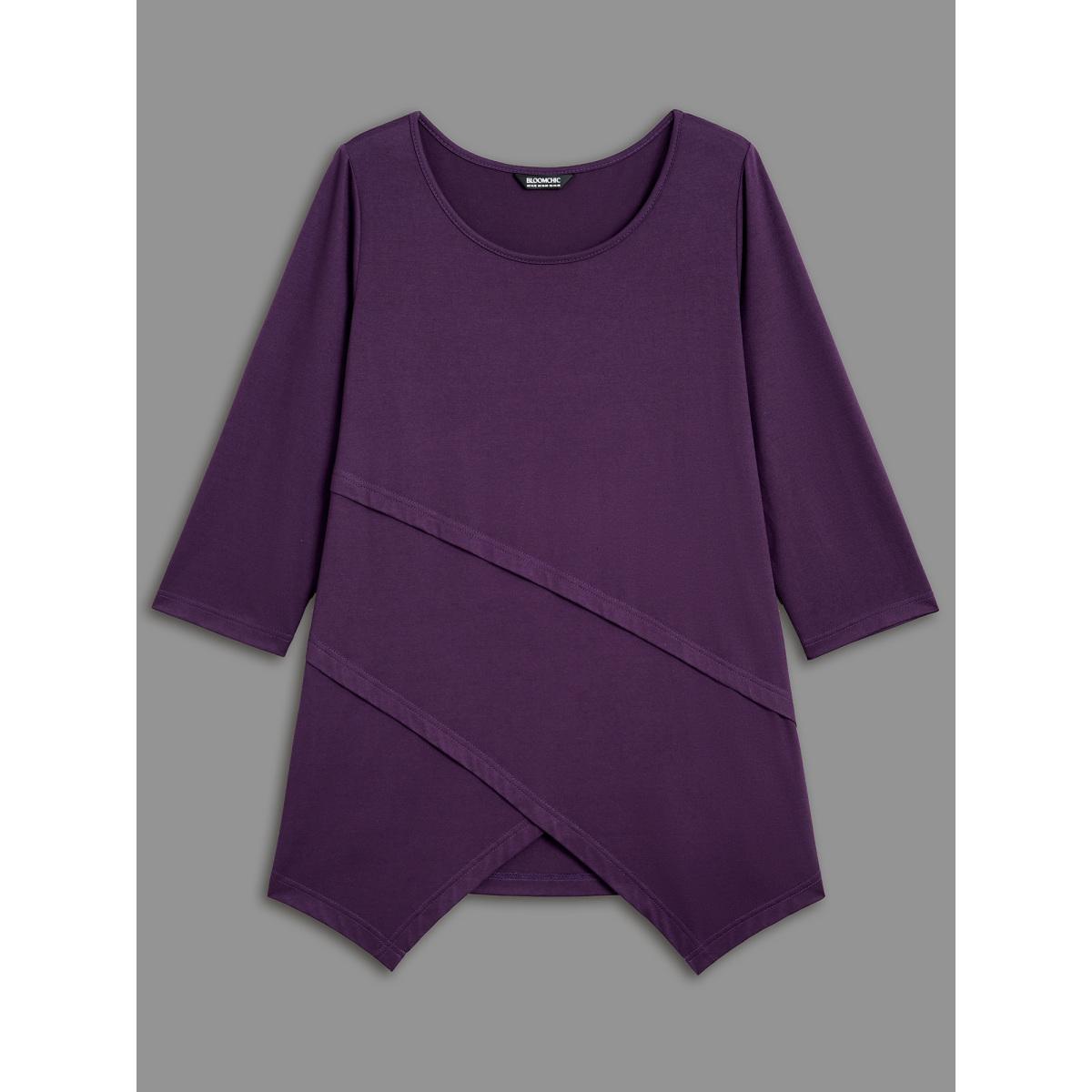 Plus Size Asymmetrical Hem Overlap Long T-shirt Black Women Elegant Tucked seam Round Neck Loose Everyday T-shirts BloomChic 30/6X Product Image