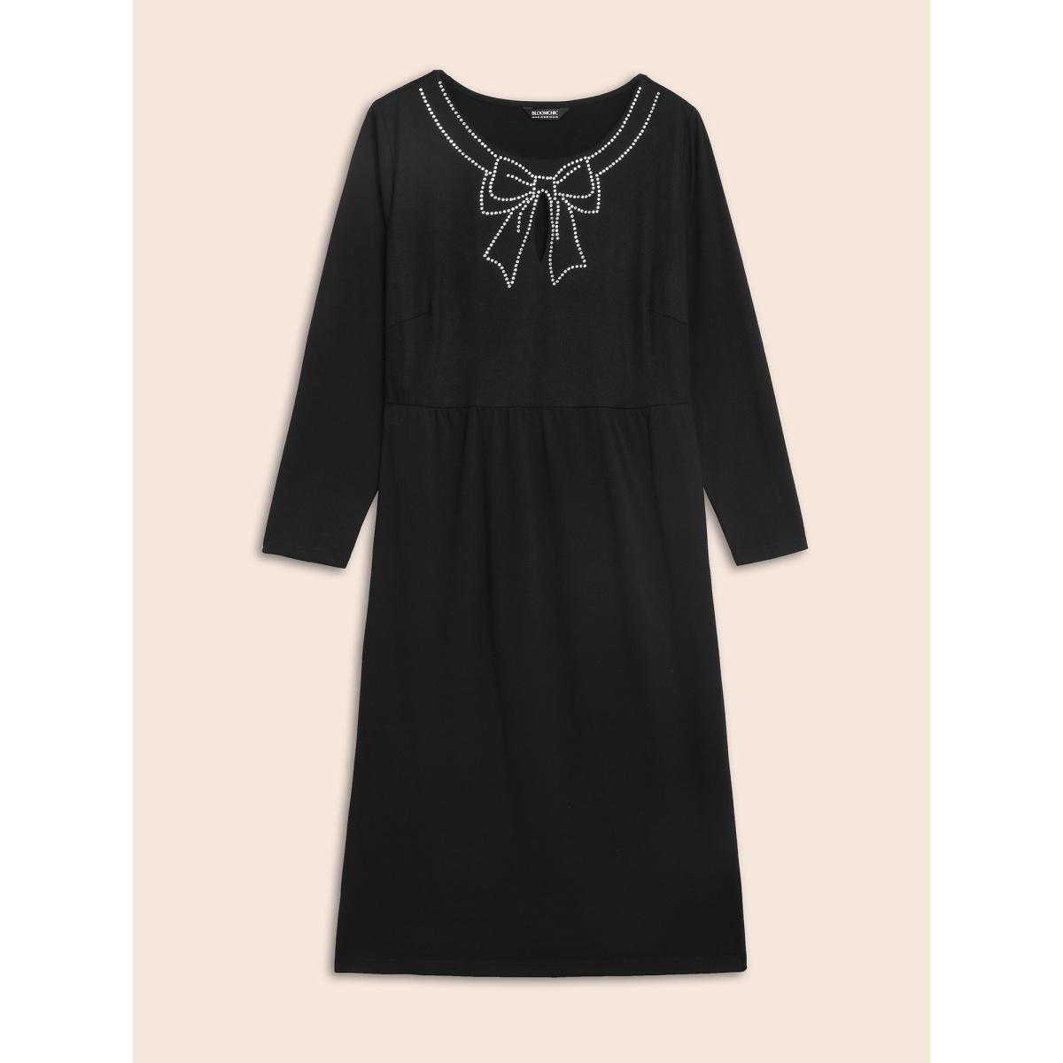 Plus Size Round Neck Bowknot Rhinestone Dress Black Women Resort Rhinestone detailing Round Neck Long Sleeve Curvy BloomChic 22-24/3X Product Image