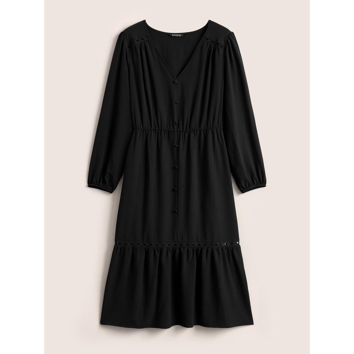 Plus Size Hollow Out Lantern Sleeve Flutter Layered Hem Dress Black Women At the Office Non V-neck Long Sleeve Curvy Midi Dress BloomChic 26/4X Product Image