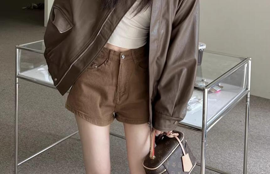 Faux Leather Button-Up Jacket Product Image