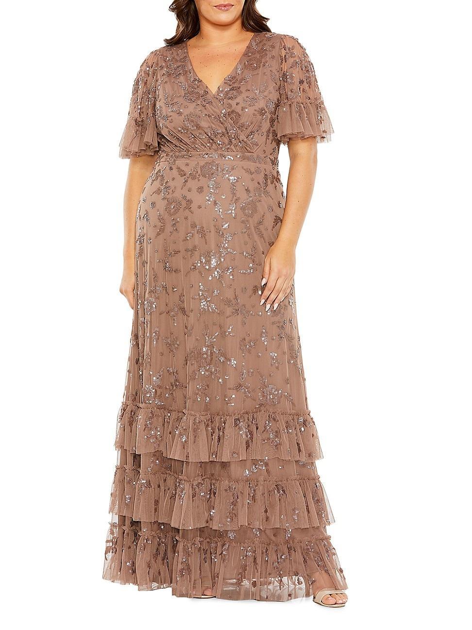 Womens Plus Size Flutter Sleeve Faux Wrap Gown Product Image