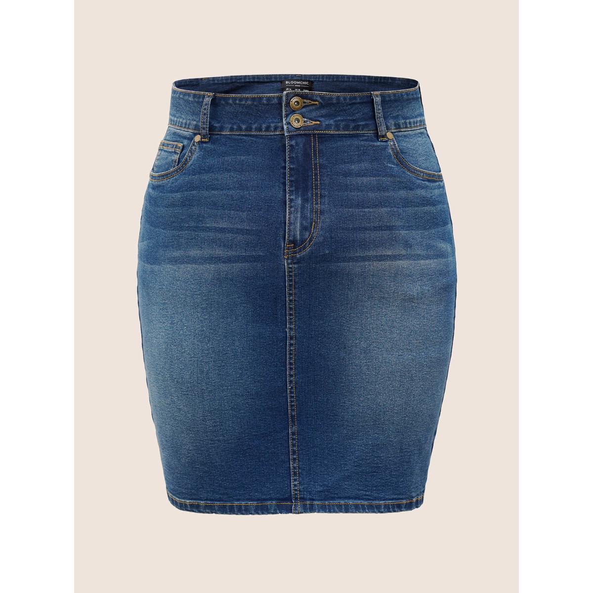 Plus Size Dark Wash Split Back Bodycon Denim Skirt Women Blue Everyday Non Plain High stretch Dark Wash 26/4X Slanted pocket Elegant Denim Skirts BloomChic Product Image