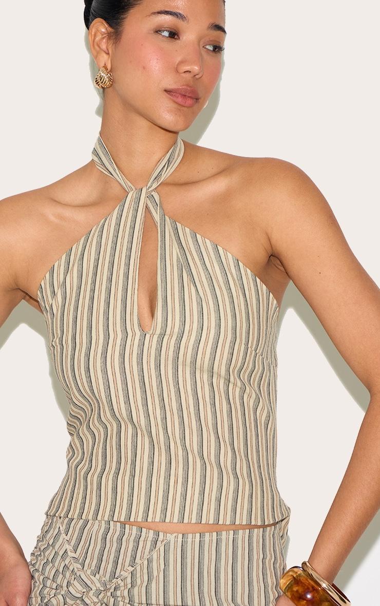  Beige Striped Key Hole Top Product Image