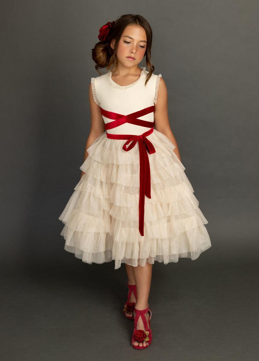 Geneva Petticoat Dress in Cream & Scarlet Girls Product Image