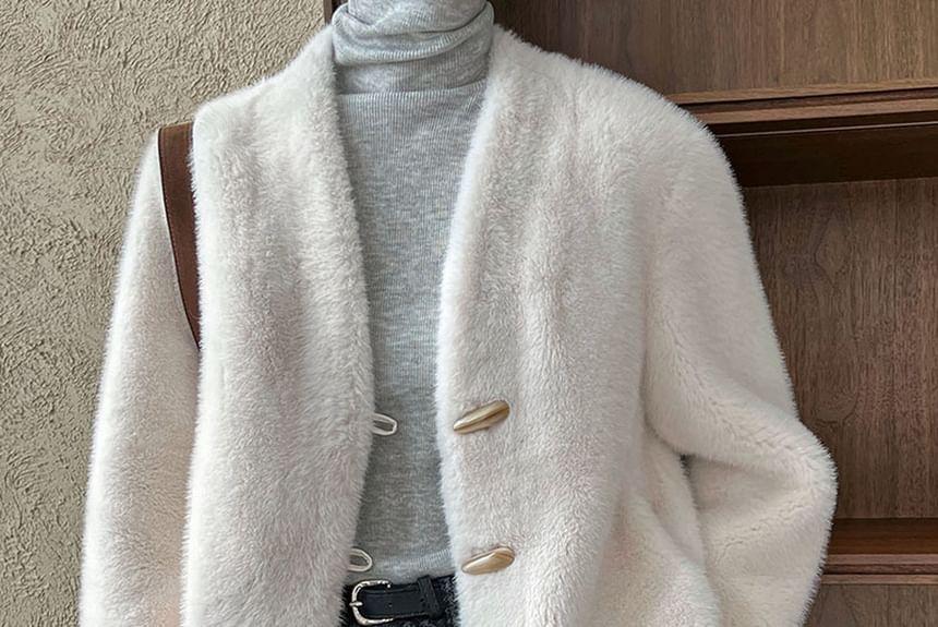 V-Neck Plain Faux Fur Toggle Jacket Product Image