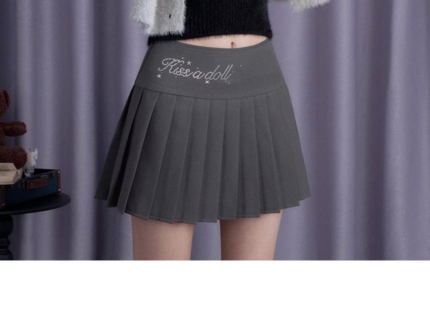 Mid Waist Rhinestone Lettering Pleated Mini A-Line Skirt Product Image