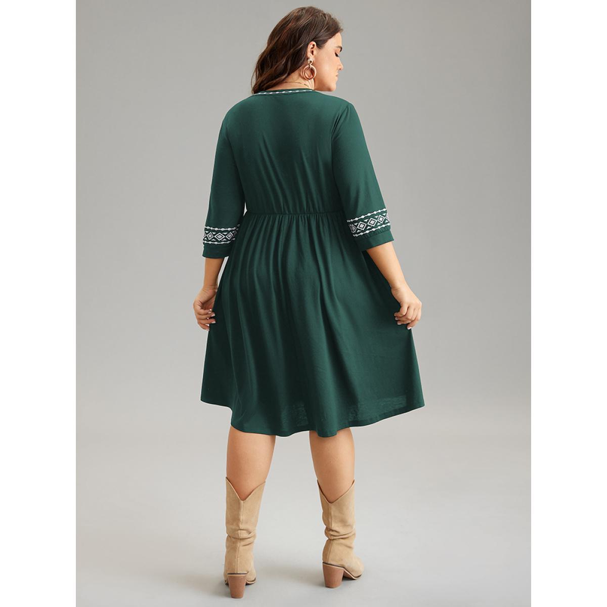 Plus Size Bandana Embroidered Tie Neck Gathered Dress DarkGreen Women Vacation Gathered Tie Neck Elbow-length sleeve Curvy Knee Dress BloomChic 12/L Product Image