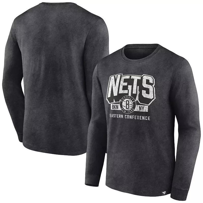 Men's Fanatics Branded Heather Charcoal Brooklyn Nets Front Court Press Snow Wash Long Sleeve T-Shirt, Size: Small Product Image