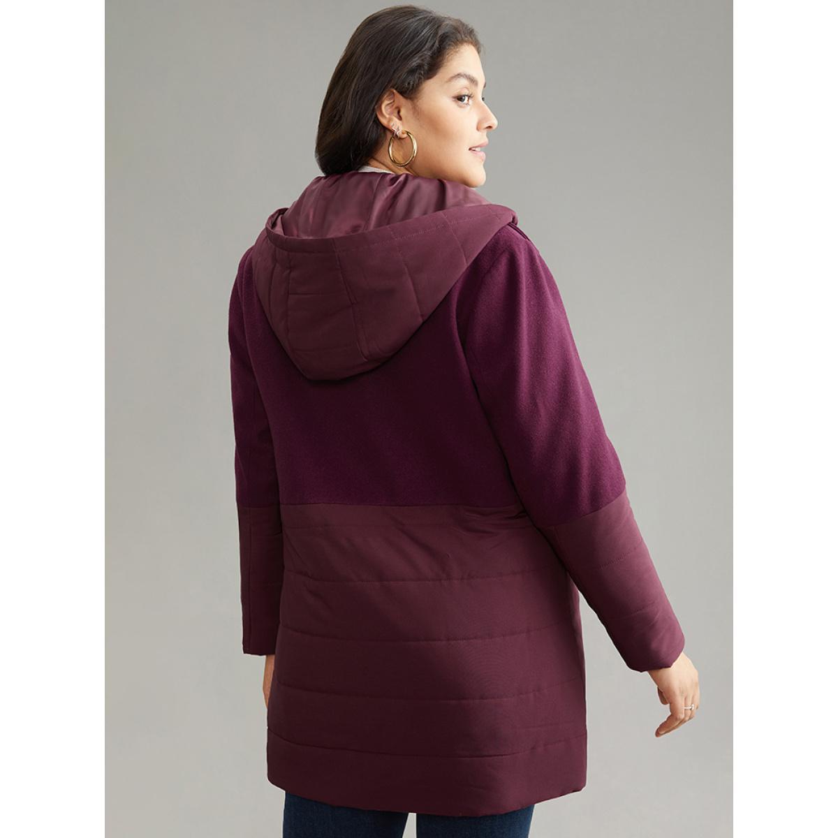 Plus Size Plain Patchwork Zipper Padded Hooded Coat Women Burgundy Casual Lined Ladies Dailywear Winter Coats BloomChic 26/4X Product Image