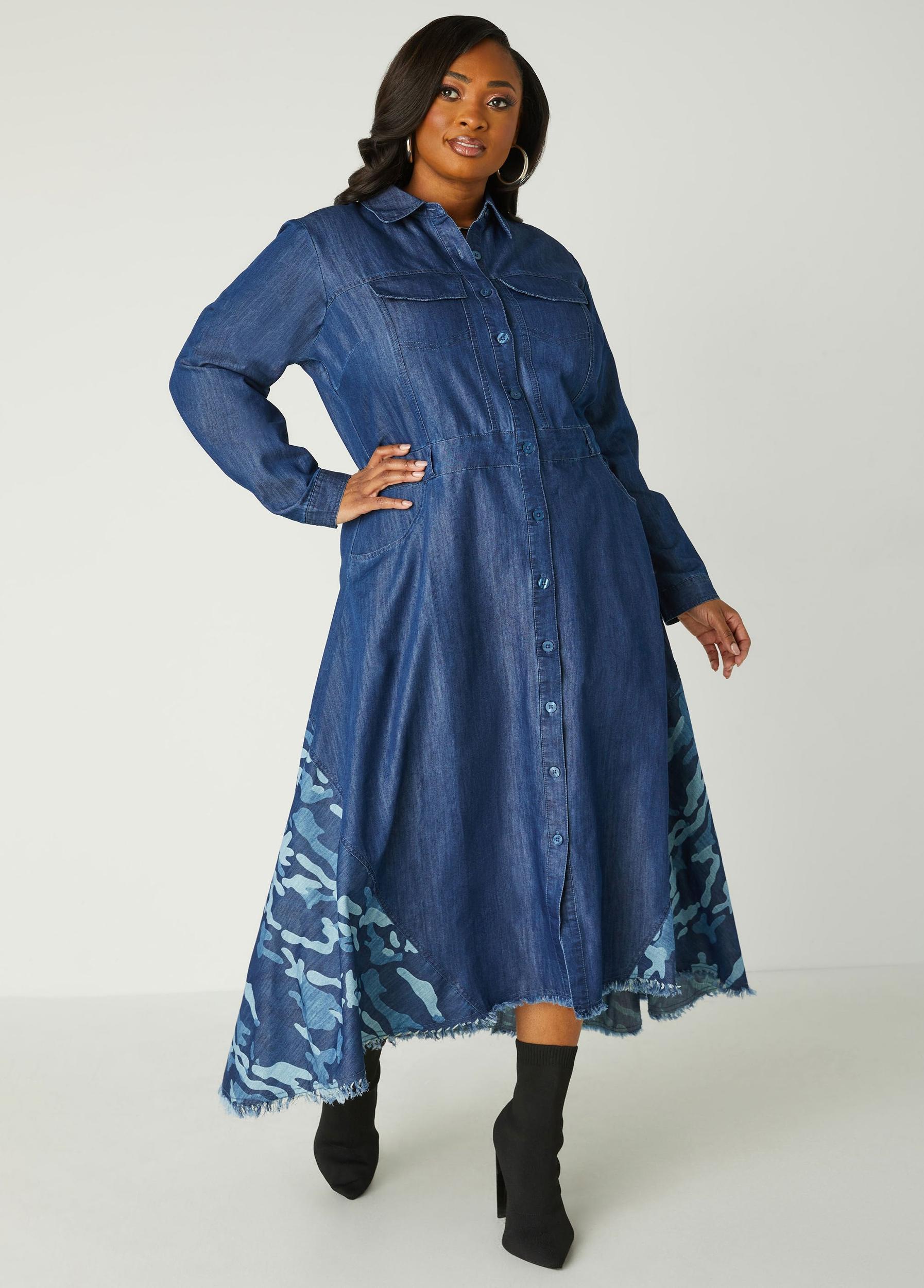 Camo Paneled Denim Shirtdress Product Image