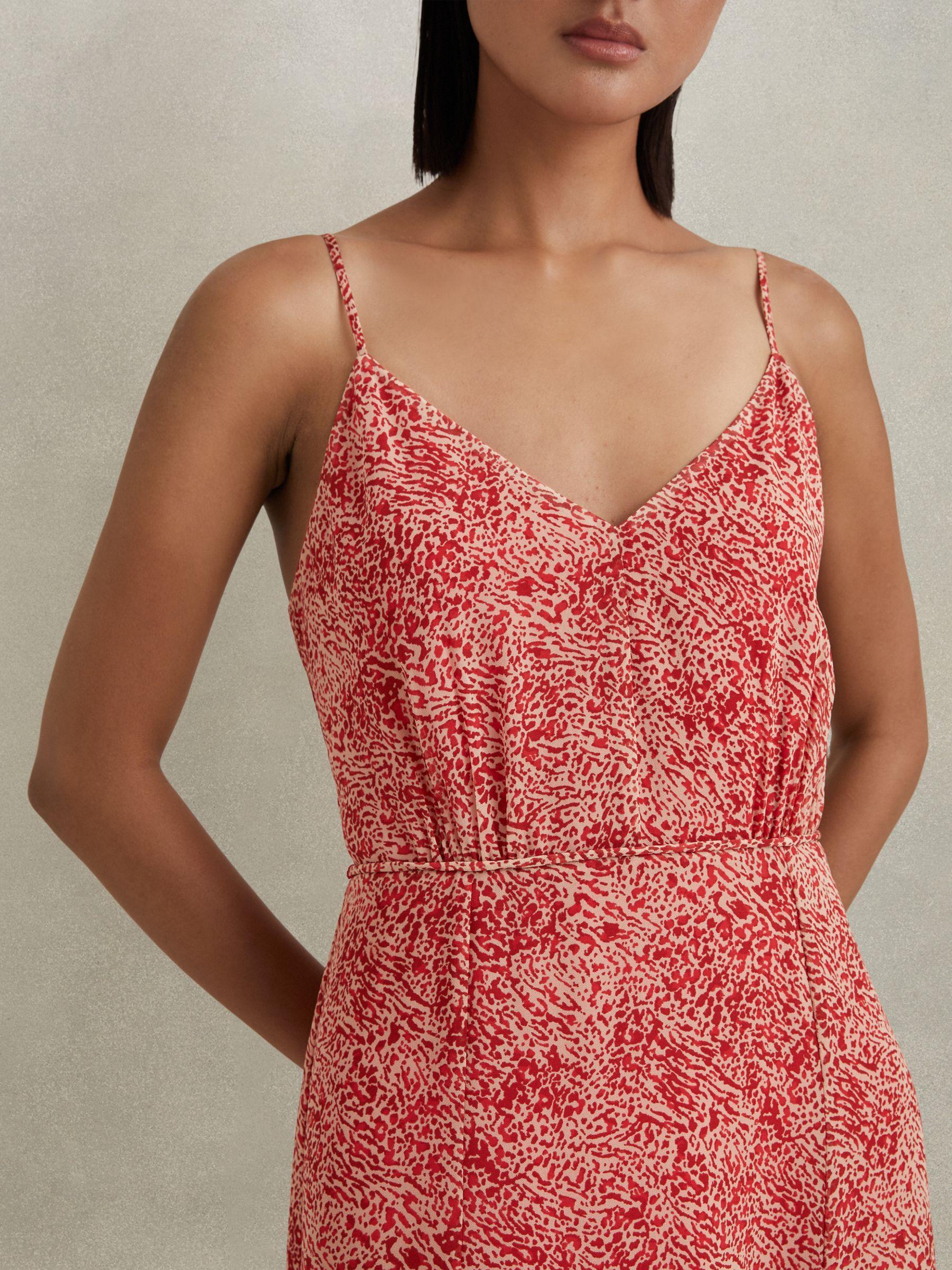 Printed Belted Midi Dress in Red Product Image