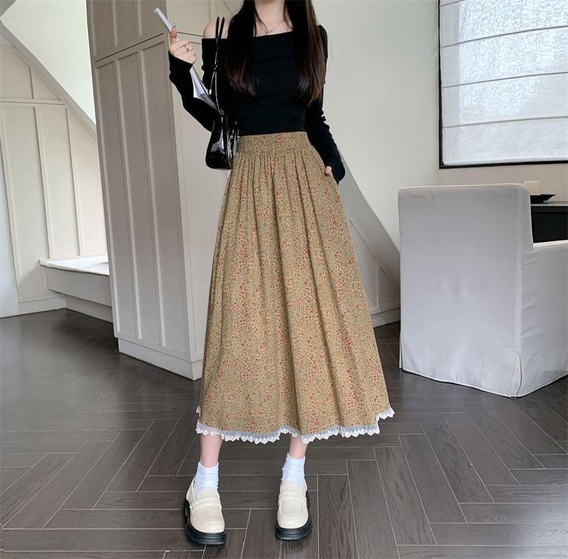High Rise Floral Print Lace-Trim Midi A-Line Skirt Product Image