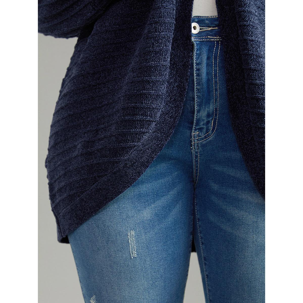 Plus Size Plain Textured Dolman Sleeve Arc Hem Cardigan Indigo Women Casual Loose Long Sleeve Dailywear Cardigans BloomChic 10/M Product Image