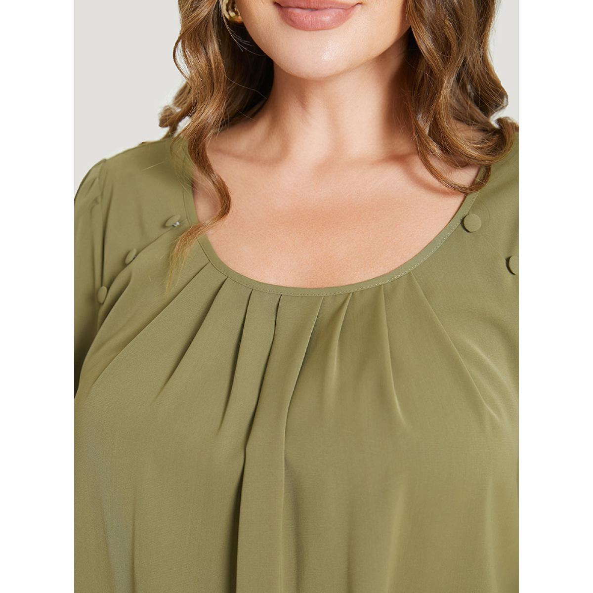 Plus Size SpringGreen Solid Pleated Button Detail Blouse Women Office Short sleeve Round Neck Work Blouses BloomChic 30/6X Product Image
