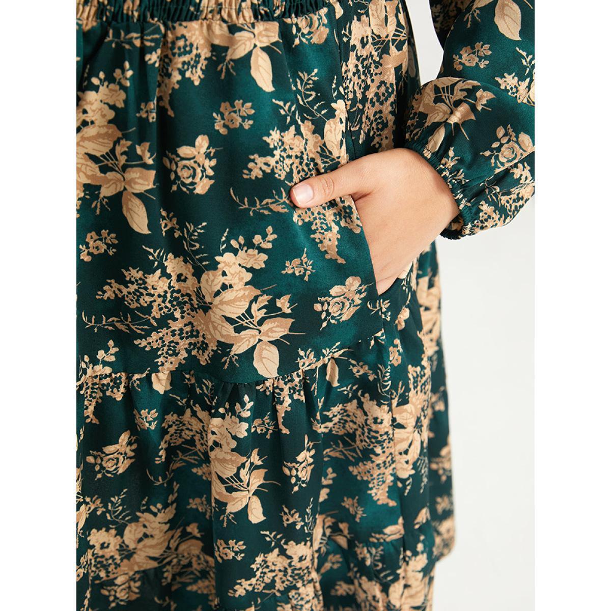 Plus Size Silhouette Floral Print Surplice Neck Shirred Dress Cyan Women Elegant Elastic cuffs V-neck Long Sleeve Curvy Midi Dress BloomChic 28/5X Product Image