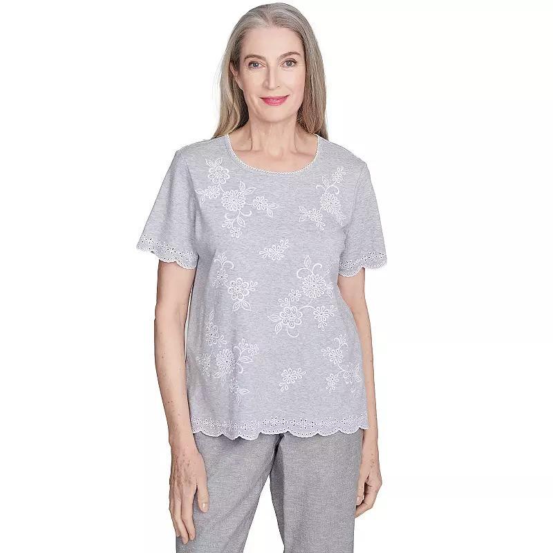 Petite Alfred Dunner Embroidered Tossed Flower Tee, Women's, Size: Medium Petite, Gray Product Image
